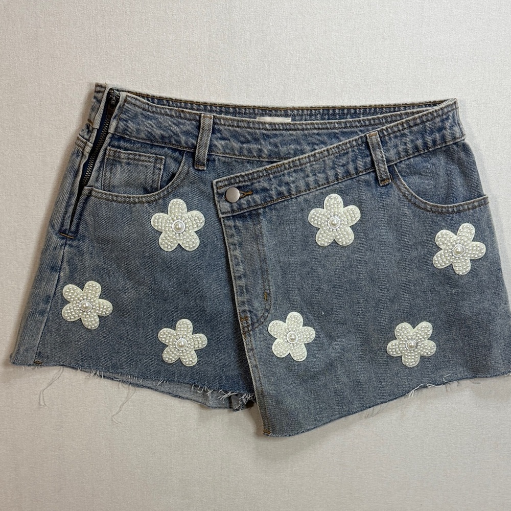 POL Blue Jean Shorts with White Floral Accents